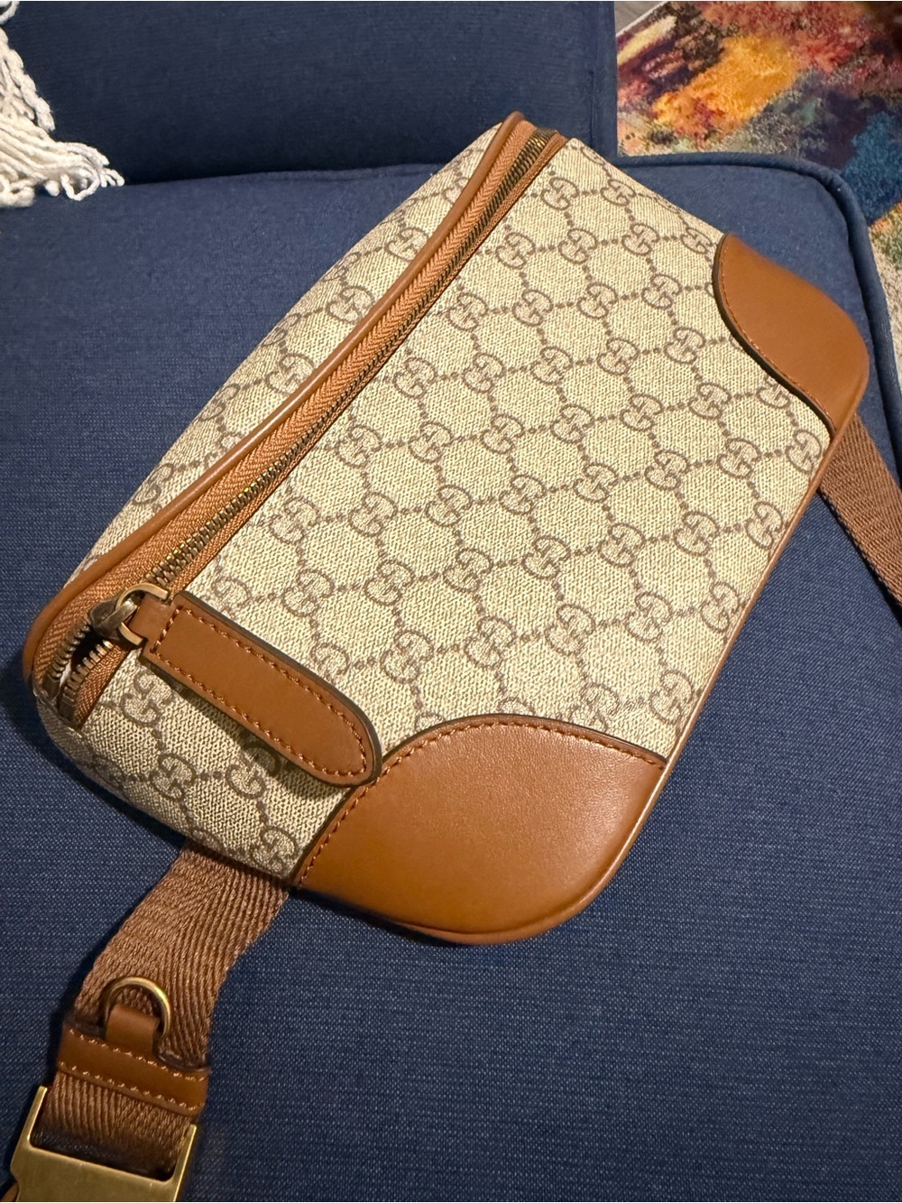 “GUCCI LIKE” Beige Monogram Canvas Crossbody with Brown Leather Trim